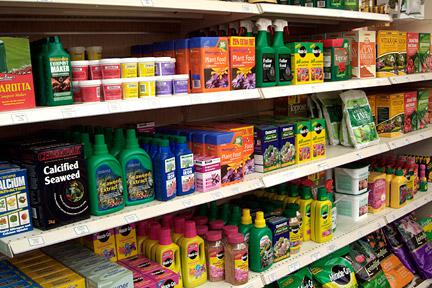 Phot of chemical plant foods on shelves